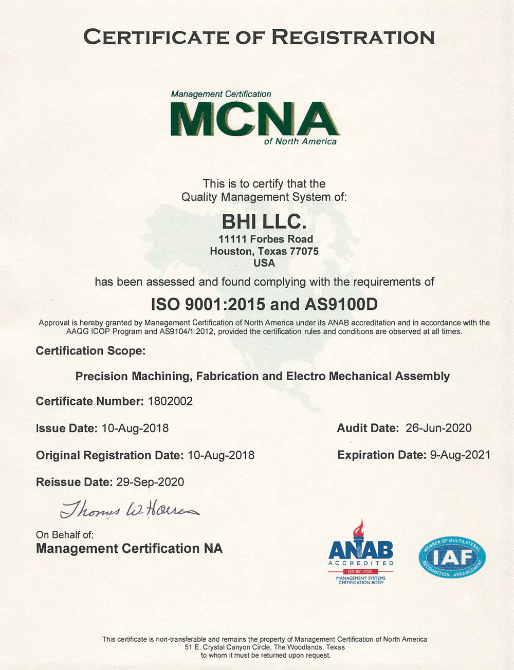 Bhi Llc As9100 Certiifcate Reissue